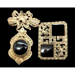 Two Vintage Sterling Silver Art Deco Revival Style Marcasite And Onyx Set Brooches. 