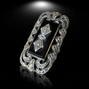 Art Deco 1920 Silver, Marcasite & Onyx Rectangular Ring