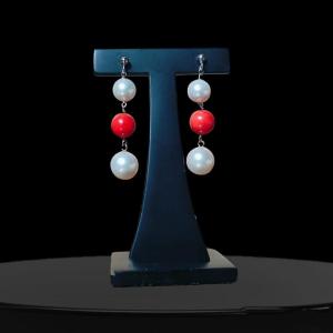  18kt White Gold, South Sea Pearl & Coral Drop Earrings