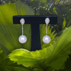 9 Mm Akoya Saltwater Pearl 18k White Gold & Diamonds Mounted Dangling Pierced Earrings
