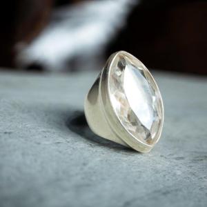 Large  Faceted Rock Crystal  Set On A Sterling Silver Chevalier Ring