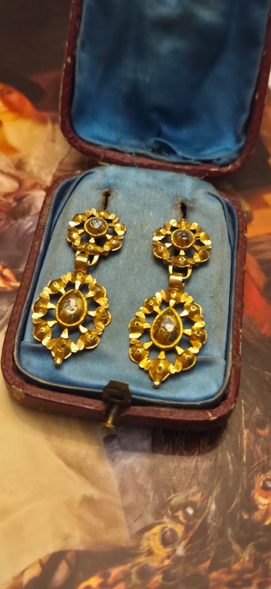 Boucles d'oreilles anciennes « Charros », XIXe siècle, Salamanque, or jaune 18 carats, diamants-photo-4