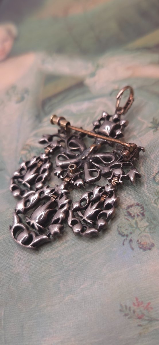 Antique Diamond Pendant Brooch, 18th Century, Rococo Style, Girandole-photo-4