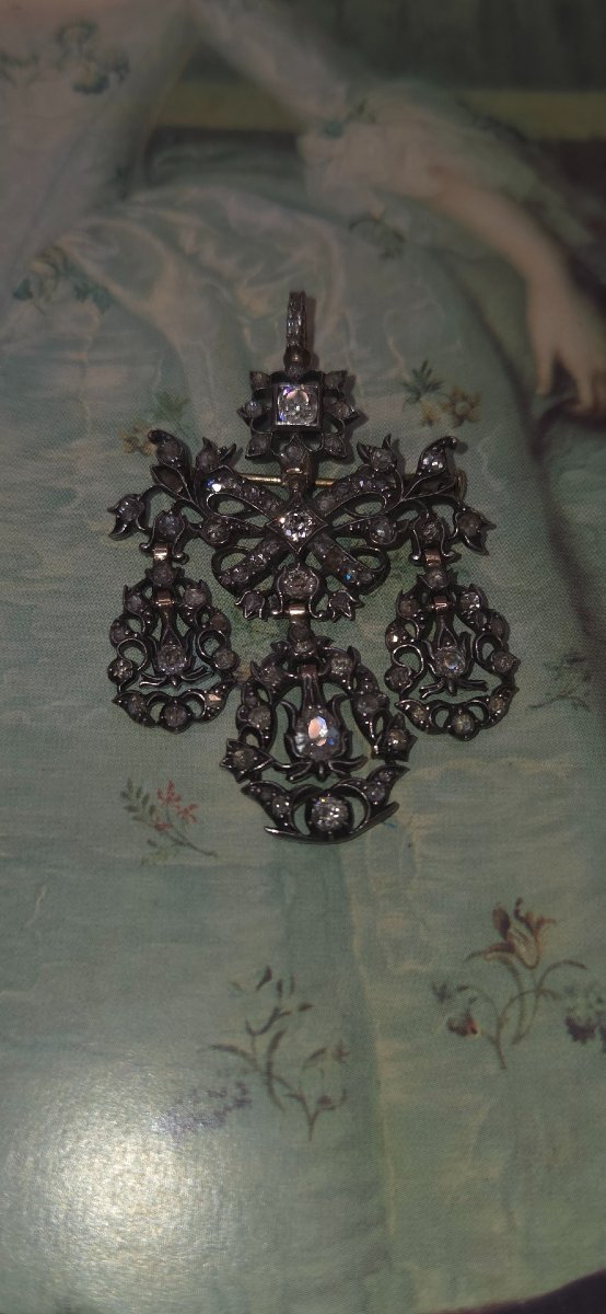 Antique Diamond Pendant Brooch, 18th Century, Rococo Style, Girandole-photo-1
