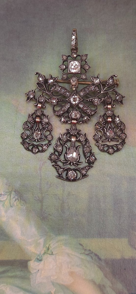 Antique Diamond Pendant Brooch, 18th Century, Rococo Style, Girandole-photo-2
