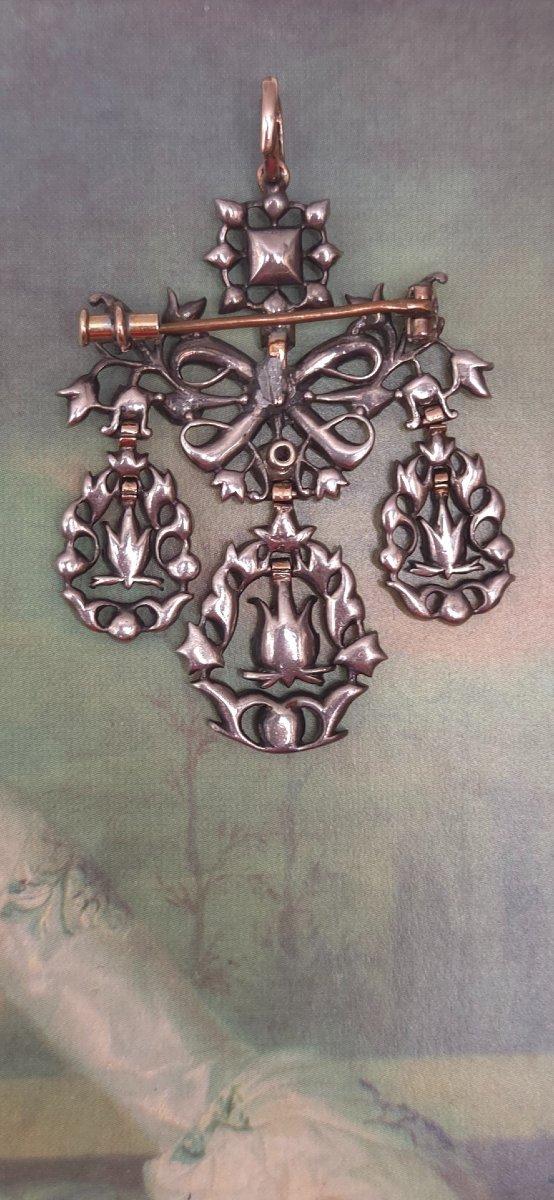 Antique Diamond Pendant Brooch, 18th Century, Rococo Style, Girandole-photo-3