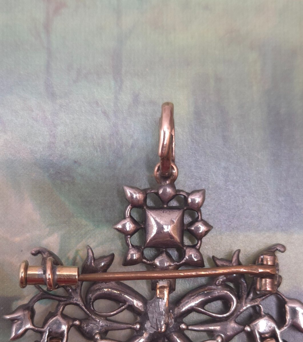 Antique Diamond Pendant Brooch, 18th Century, Rococo Style, Girandole-photo-4