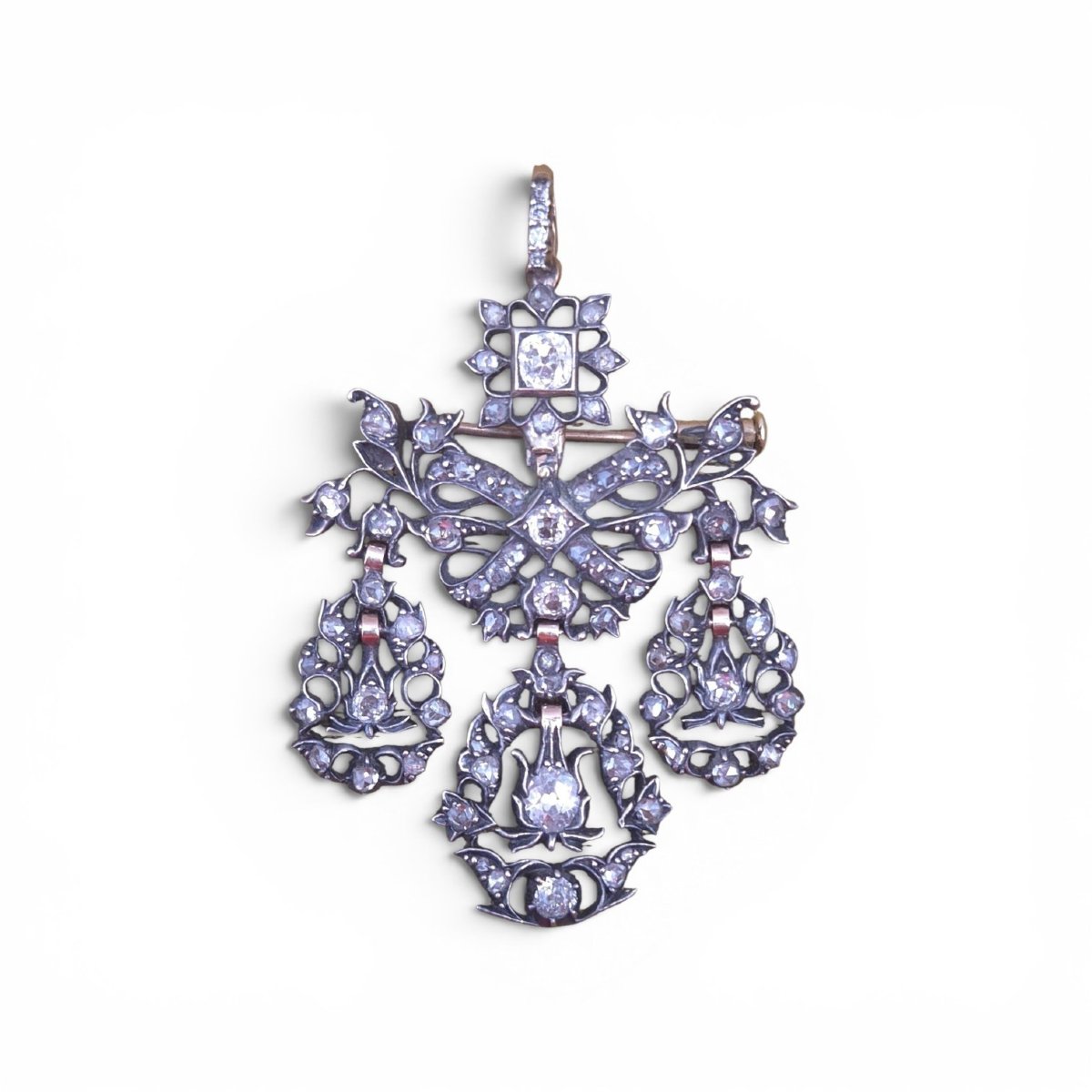 Antique Diamond Pendant Brooch, 18th Century, Rococo Style, Girandole-photo-5