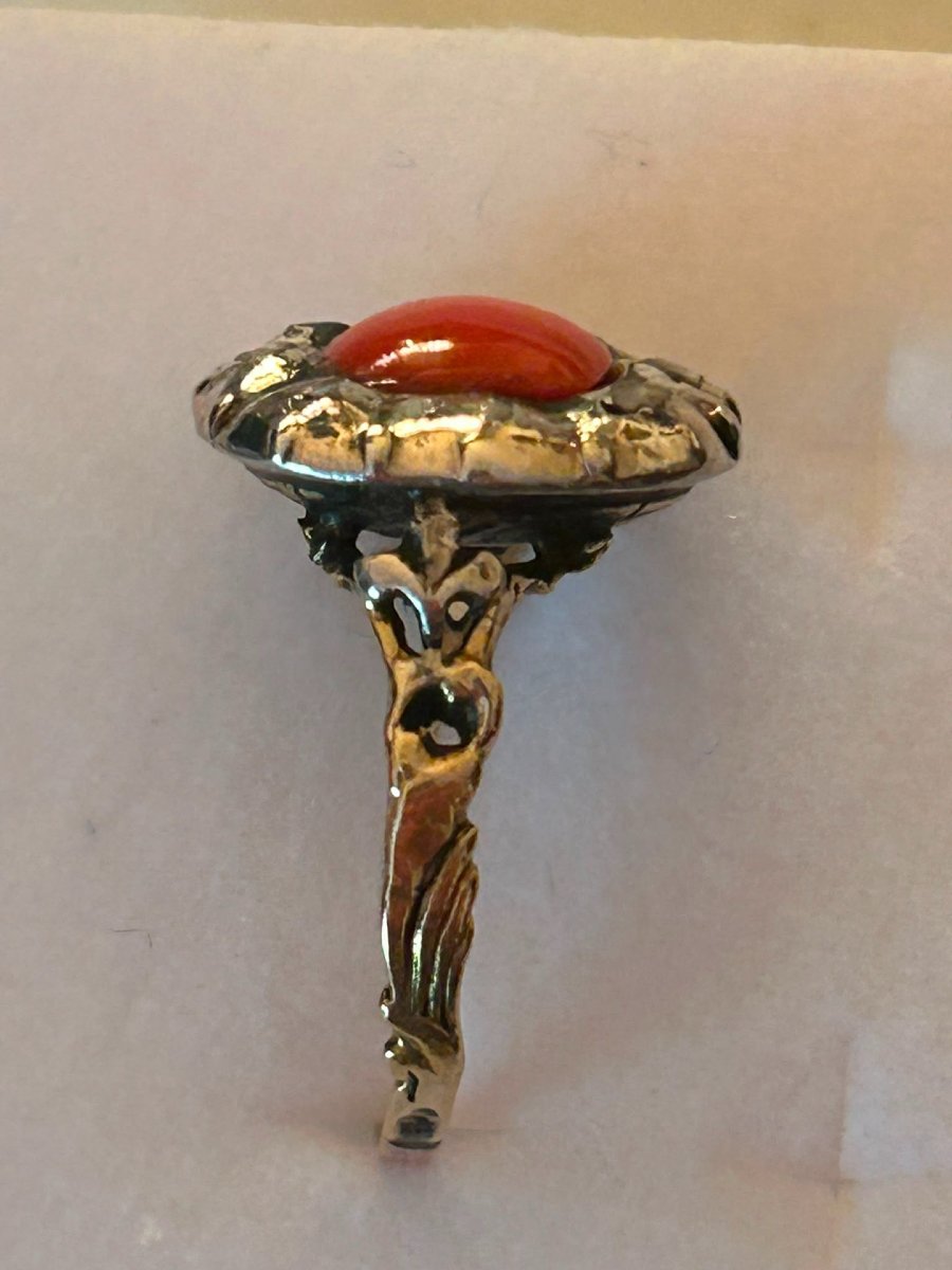 Antique Diamond Ring, 18-karat Gold, Cabochon Coral, Spain-photo-4