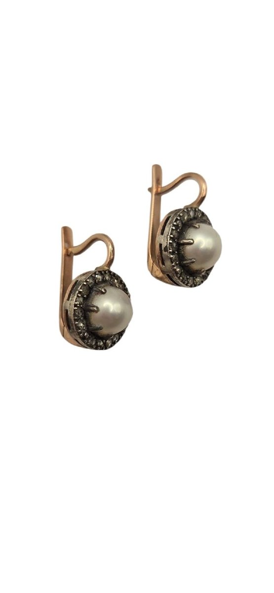 Boucles d'oreilles anciennes de style impérial russe, en or 56K, argent, diamants et perles-photo-3