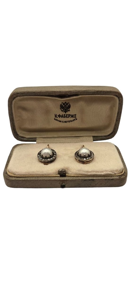 Boucles d'oreilles anciennes de style impérial russe, en or 56K, argent, diamants et perles-photo-4