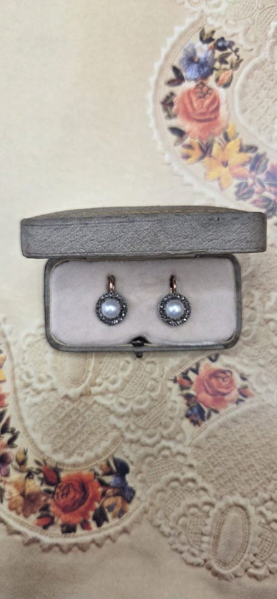 Boucles d'oreilles anciennes de style impérial russe, en or 56K, argent, diamants et perles-photo-1