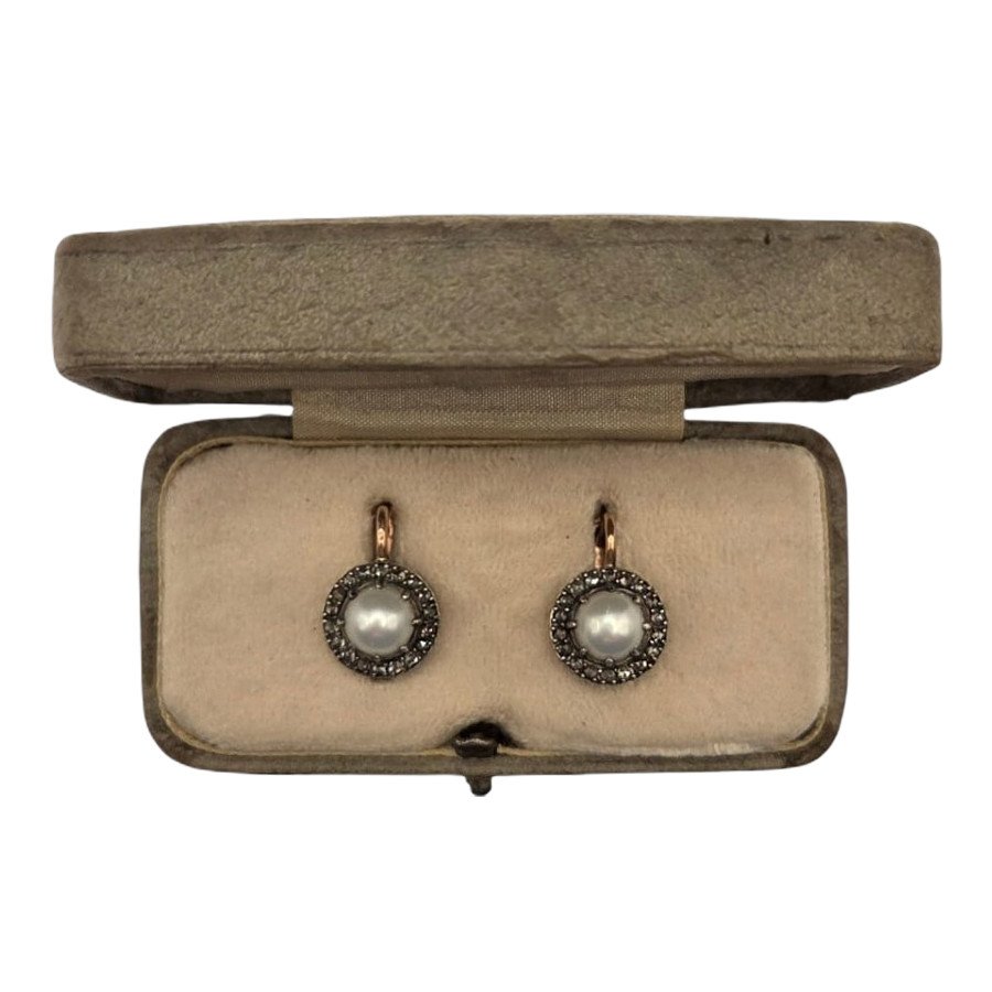 Boucles d'oreilles anciennes de style impérial russe, en or 56K, argent, diamants et perles