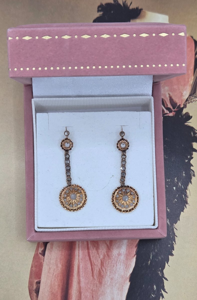 Antique Diamond Earrings, Victorian Style, In 18-karat Yellow Gold-photo-3