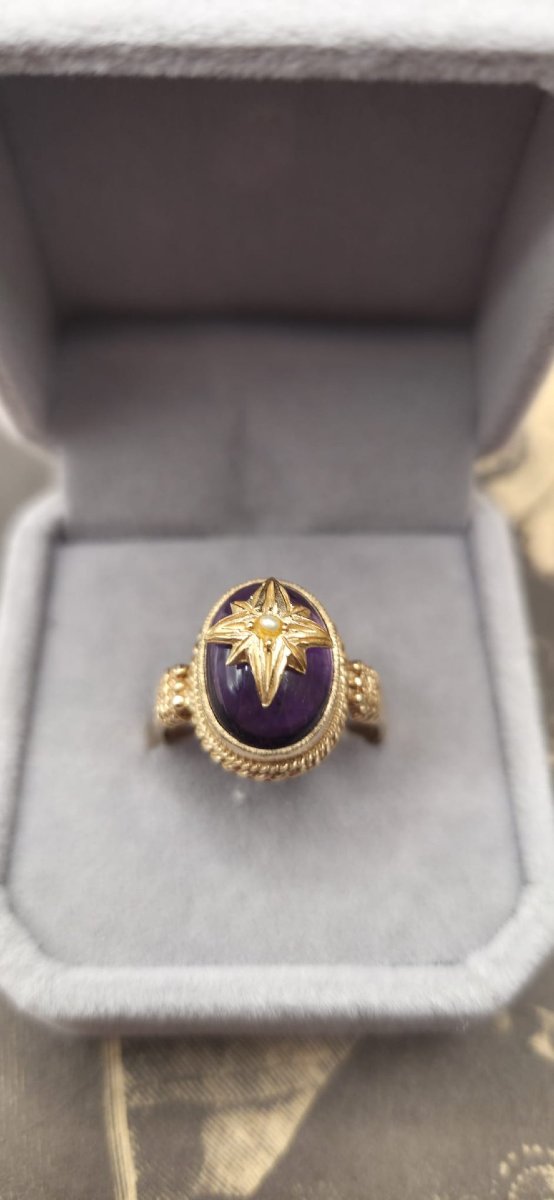 Bague ancienne de style victorien avec améthyste en cabochon et étoile polaire-photo-1