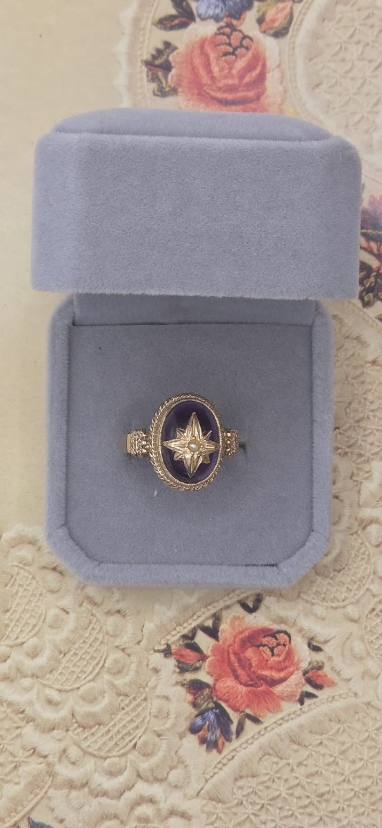 Bague ancienne de style victorien avec améthyste en cabochon et étoile polaire-photo-2