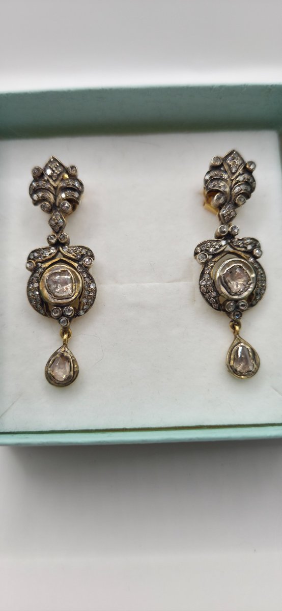 Antique Diamond Earrings, Victorian Style, 14-karat Gold, Rose-cut-photo-3