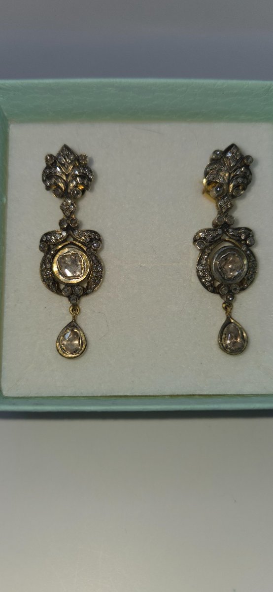 Antique Diamond Earrings, Victorian Style, 14-karat Gold, Rose-cut-photo-1