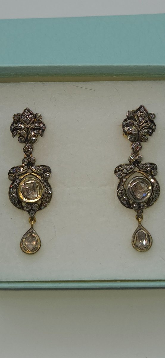 Antique Diamond Earrings, Victorian Style, 14-karat Gold, Rose-cut-photo-4