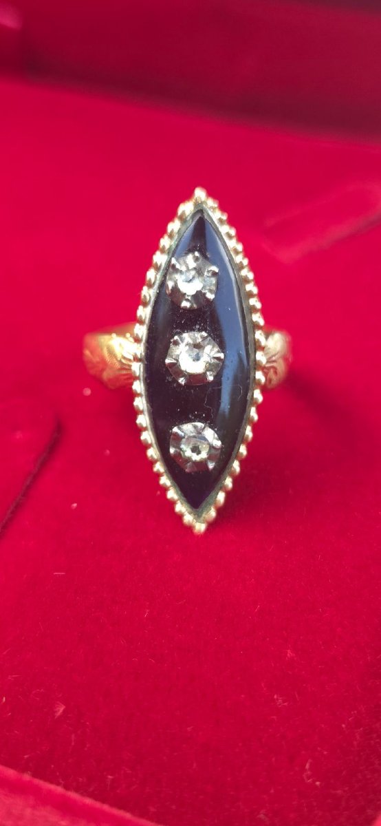 Bague ancienne victorienne en or jaune 18 carats avec diamants et émail-photo-3