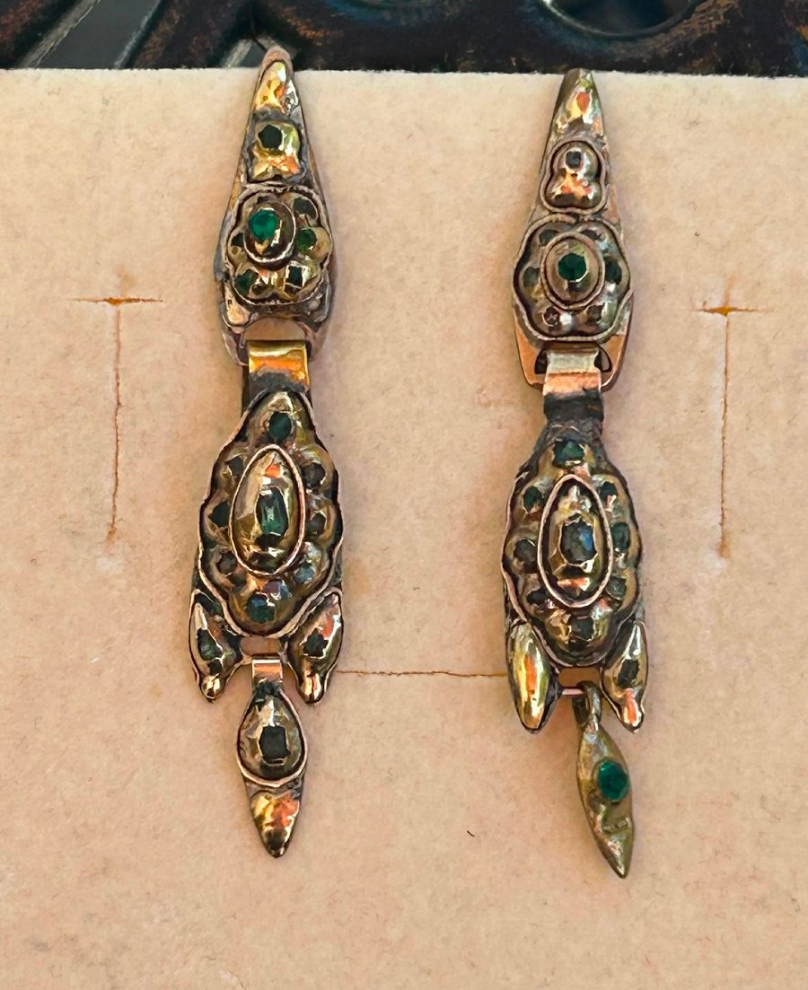 Boucles d'oreilles anciennes, style catalan, en or jaune 18 carats, émeraude-photo-2