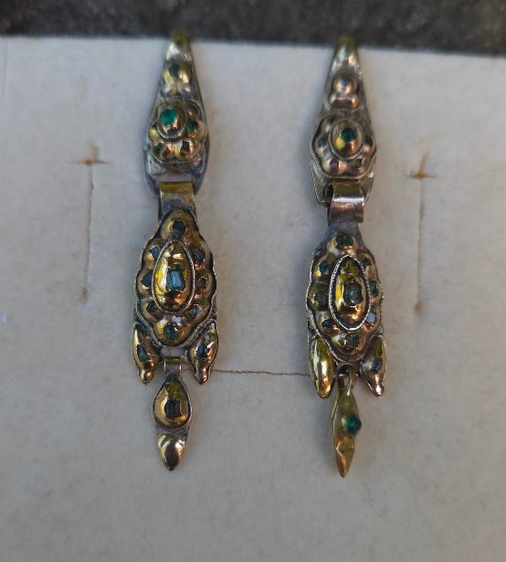 Boucles d'oreilles anciennes, style catalan, en or jaune 18 carats, émeraude-photo-4