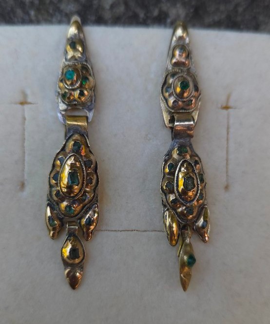 Boucles d'oreilles anciennes, style catalan, en or jaune 18 carats, émeraude-photo-5