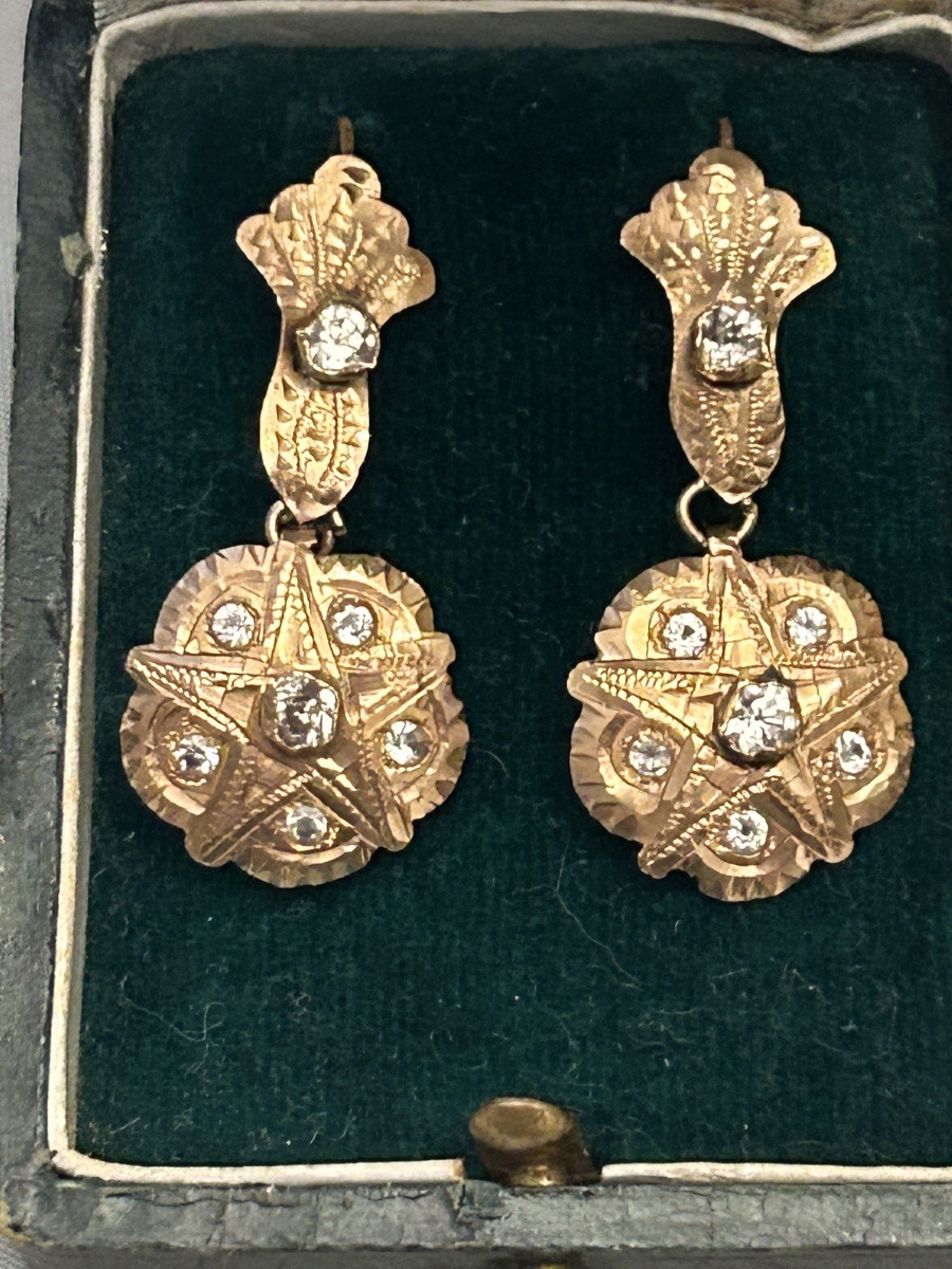 Boucles d'oreilles anciennes en forme de gouttes, or 18 carats, serties de diamants, France, ve-photo-4