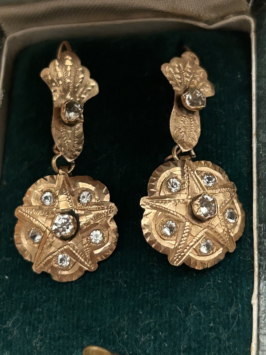 Boucles d'oreilles anciennes en forme de gouttes, or 18 carats, serties de diamants, France, ve-photo-1