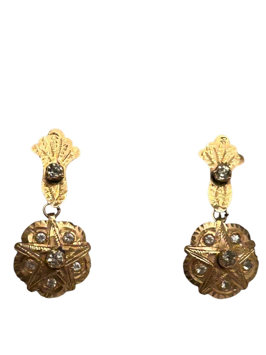 Boucles d'oreilles anciennes en forme de gouttes, or 18 carats, serties de diamants, France, ve