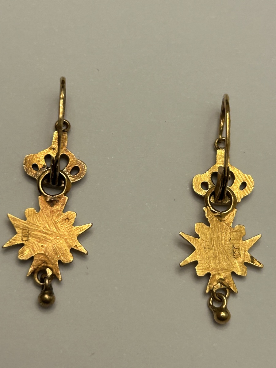 Antique 22-karat Gold Earrings Featuring A Maltese Cross And A Crown, Historicist Style, E-photo-2