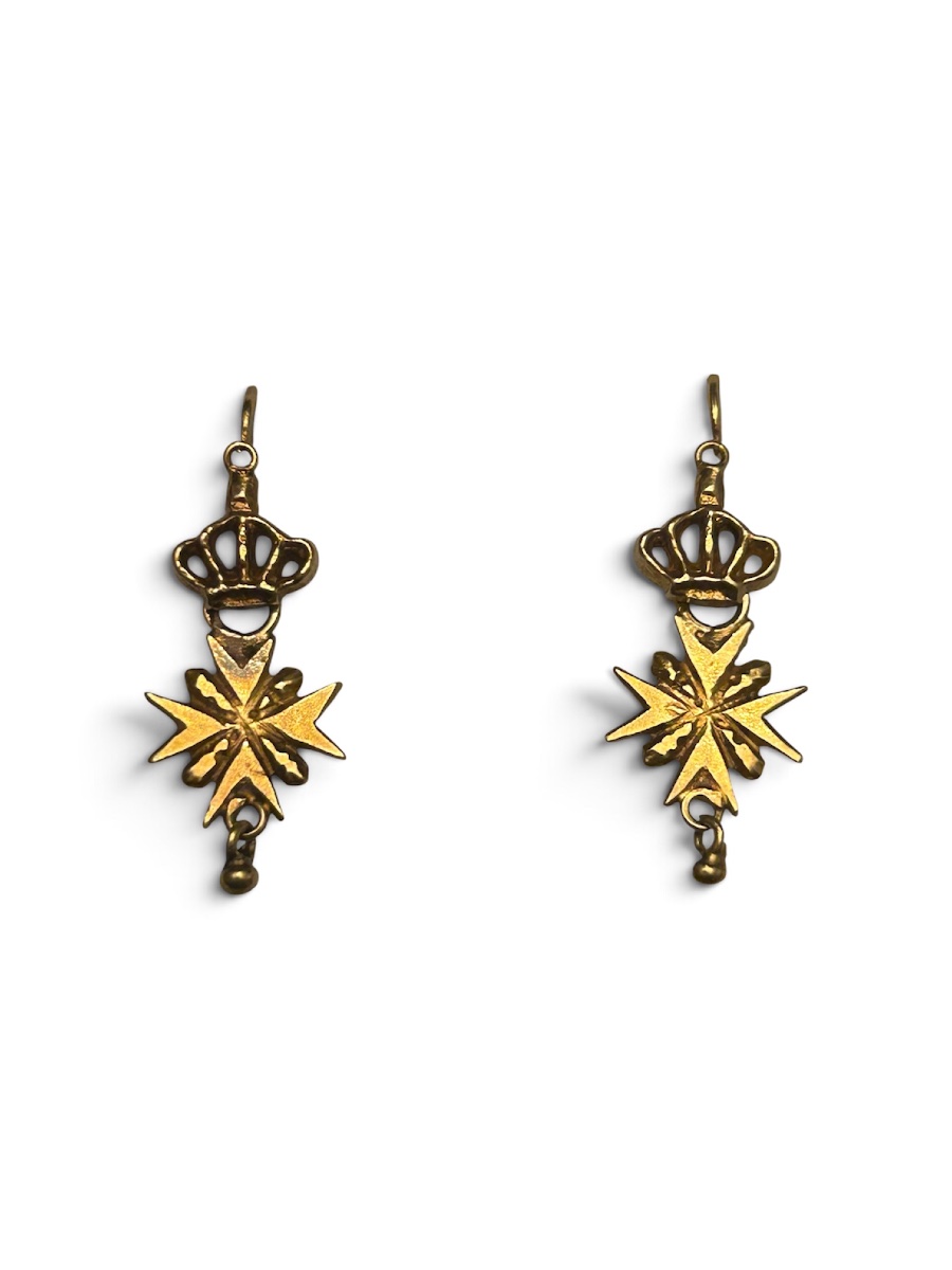 Antique 22-karat Gold Earrings Featuring A Maltese Cross And A Crown, Historicist Style, E