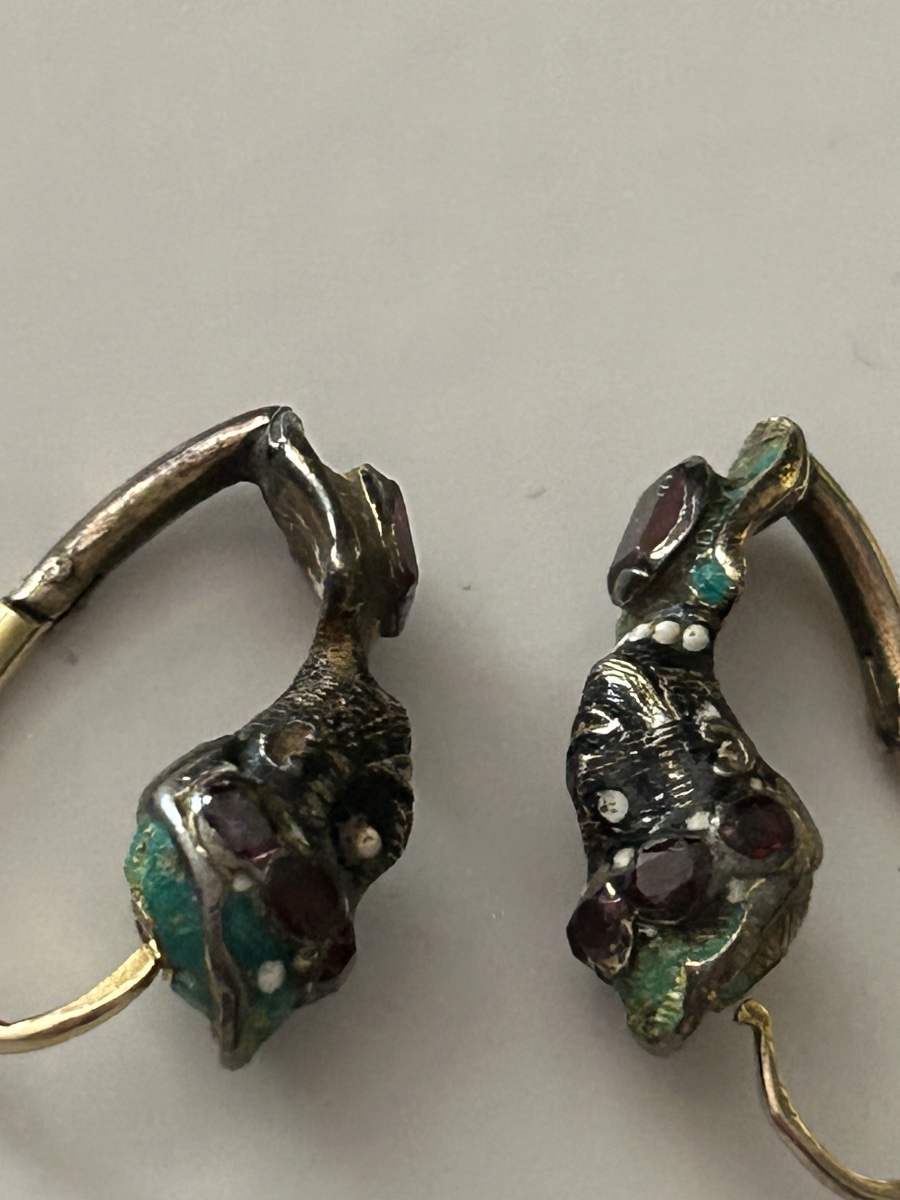 Museal Antique Moretti Earrings, Renaissance, Table-cut Rubies, Venetian Jewelry-photo-2