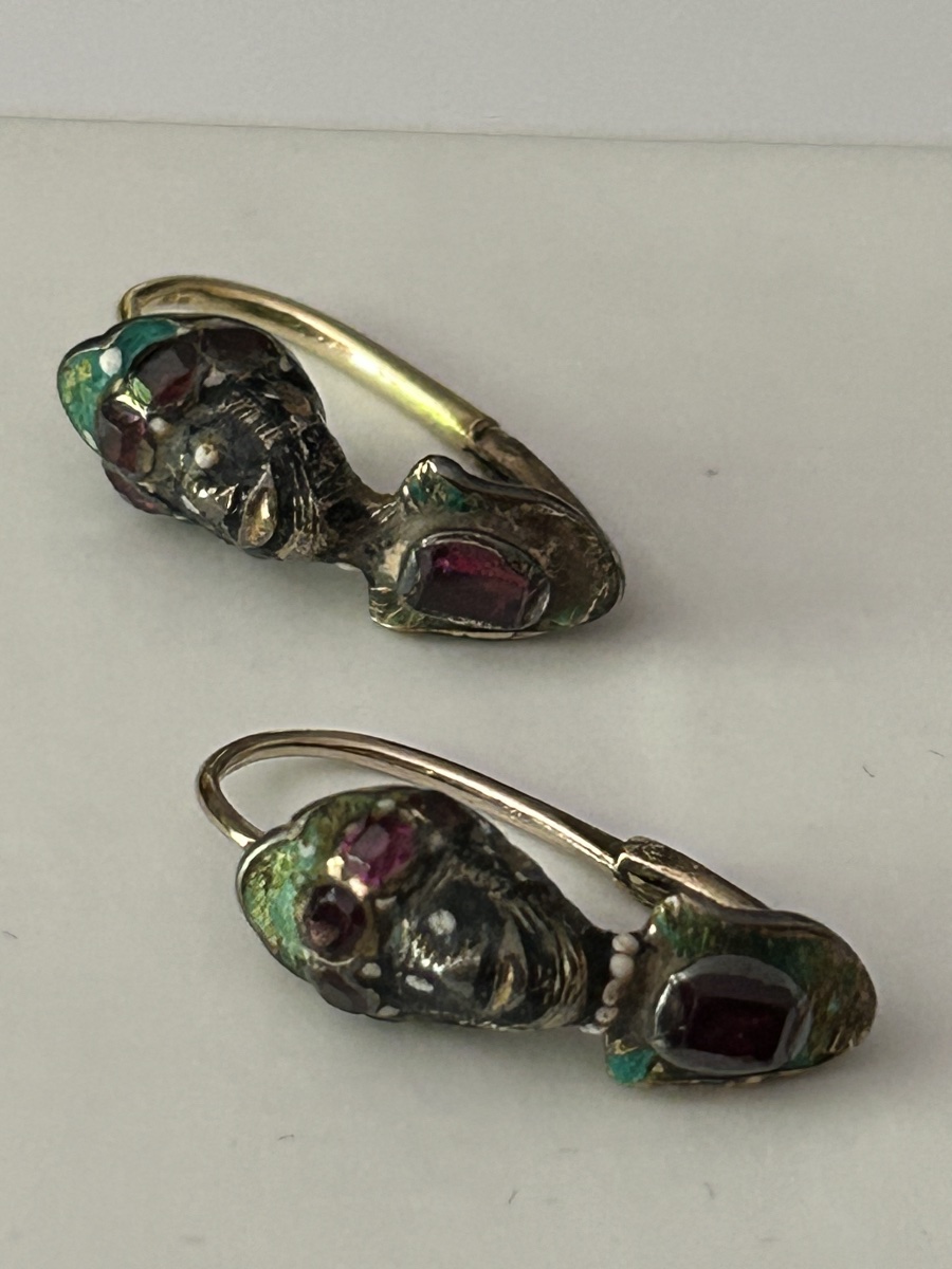 Museal Antique Moretti Earrings, Renaissance, Table-cut Rubies, Venetian Jewelry-photo-3
