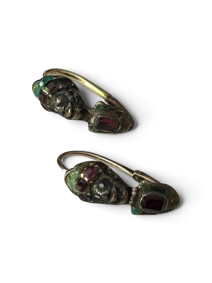 Museal Antique Moretti Earrings, Renaissance, Table-cut Rubies, Venetian Jewelry