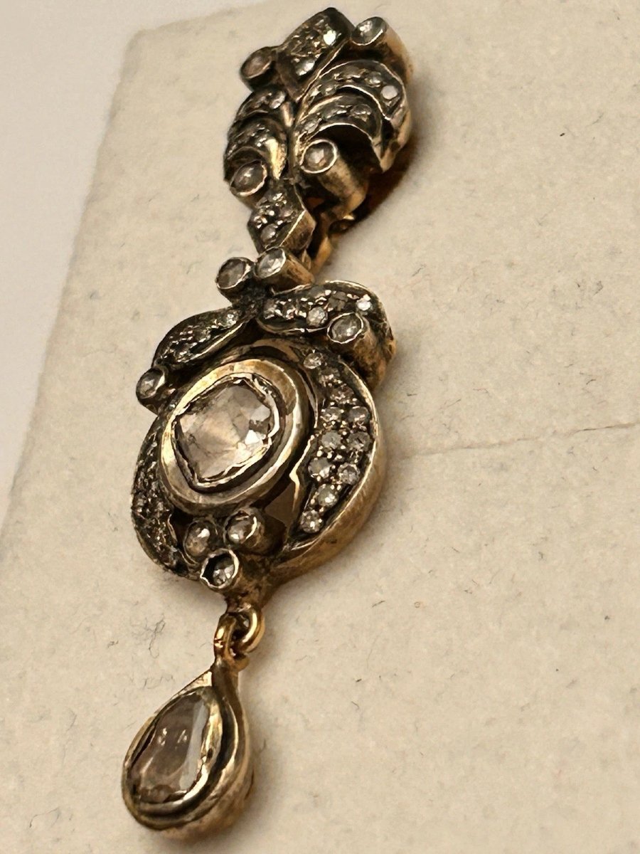 Antique Diamond Earrings, 585 Gold, Rose Cut, Victorian Era, 1870, Earrings-photo-2