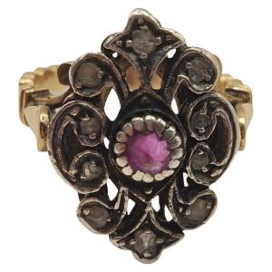 Antique "marquise" Ring, Victorian Style, With Rubies And Diamonds