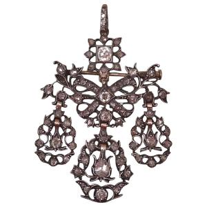 Antique Diamond Pendant Brooch, 18th Century, Rococo Style, Girandole