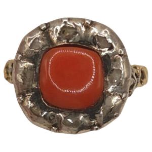 Bague ancienne en diamant, or 18 carats, corail cabochon, Espagne