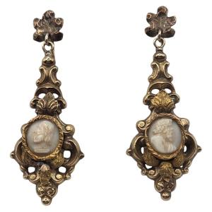 Antique Napoleon III Earrings With Gemstone Cameos