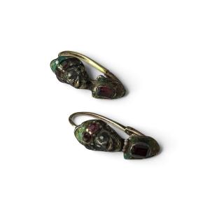 Museal Antique Moretti Earrings, Renaissance, Table-cut Rubies, Venetian Jewelry