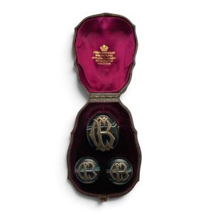 Parure victorienne ancienne en agate, signée Joseph Heming, Londres, dans son coffret d'origine