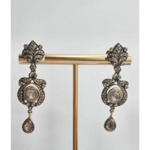 Boucles d'oreilles anciennes en diamant, or 585, taille rose, époque victorienne, 1870, boucles