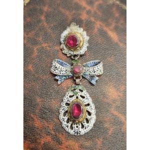 Antique Pendant, Baroque Pendant With Garnet And Enamel