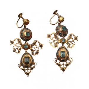 Boucles d'oreilles anciennes ibériques en émeraude, Baroque, Georgian Lazo, or jaune (ca. 1750-