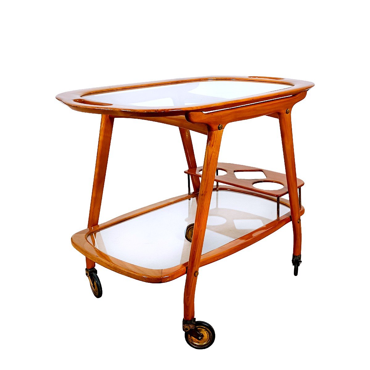 Serving Table In Solid Cherry Wood And Glass By Cesare Lacca - Italy 1950-photo-4