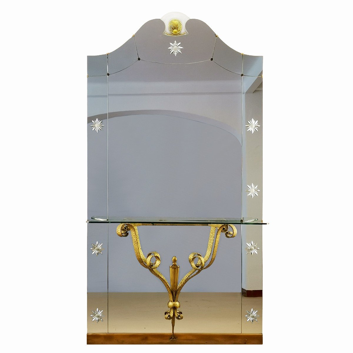 Large Mirror Console In Golden Wrought Iron By Pier Luigi Colli - Italy 1940