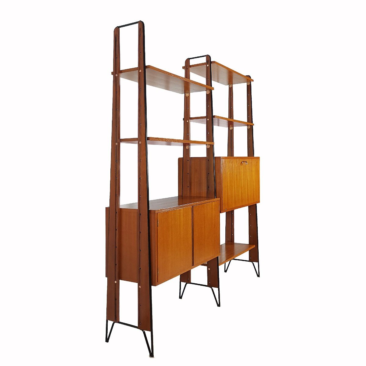 Meuble Secrétaire-étagères à Deux Corps En Teak Massif - Italy 1950-photo-2