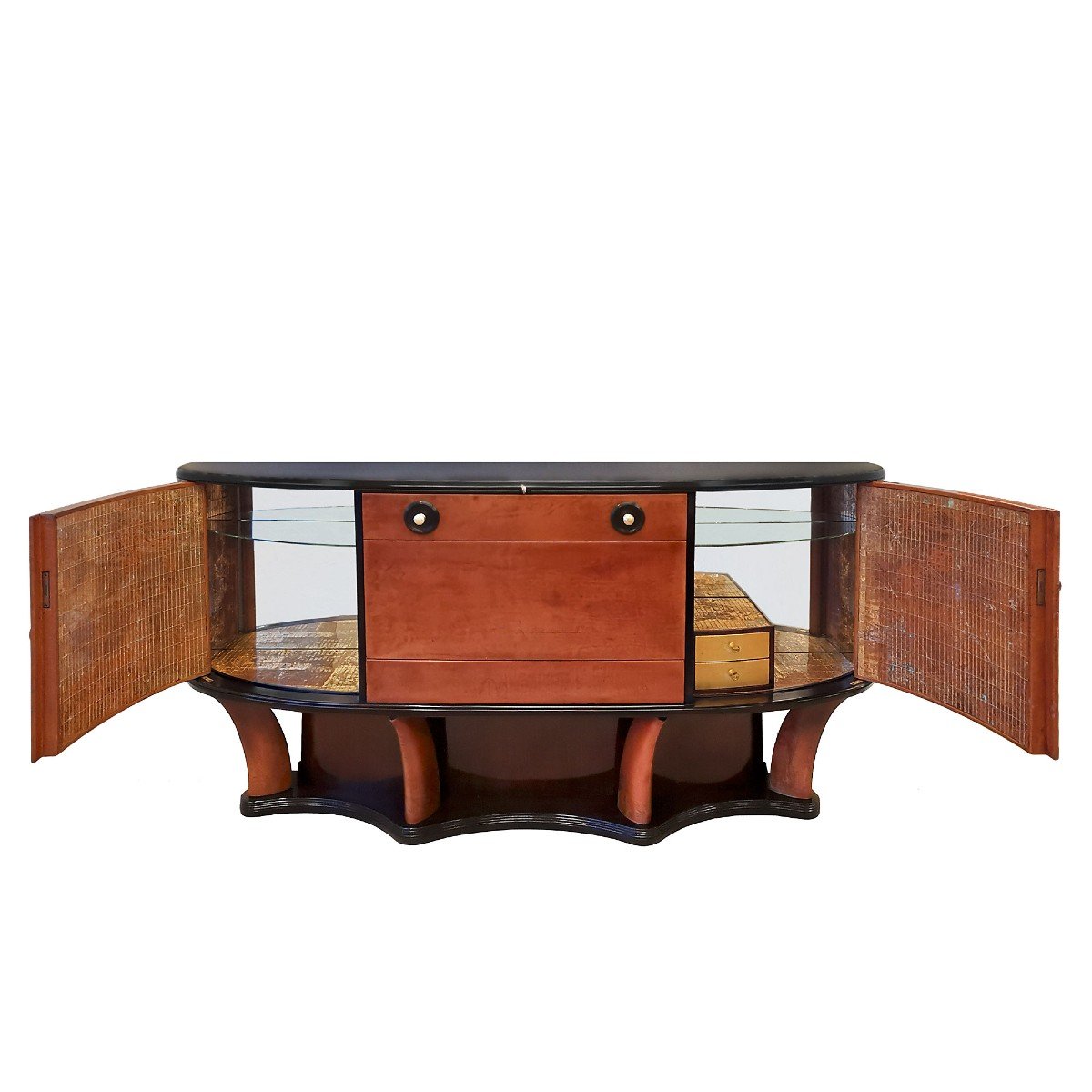 Solid Wood Bar Cabinet Covered With Thick Leather - Italy 1940-photo-2