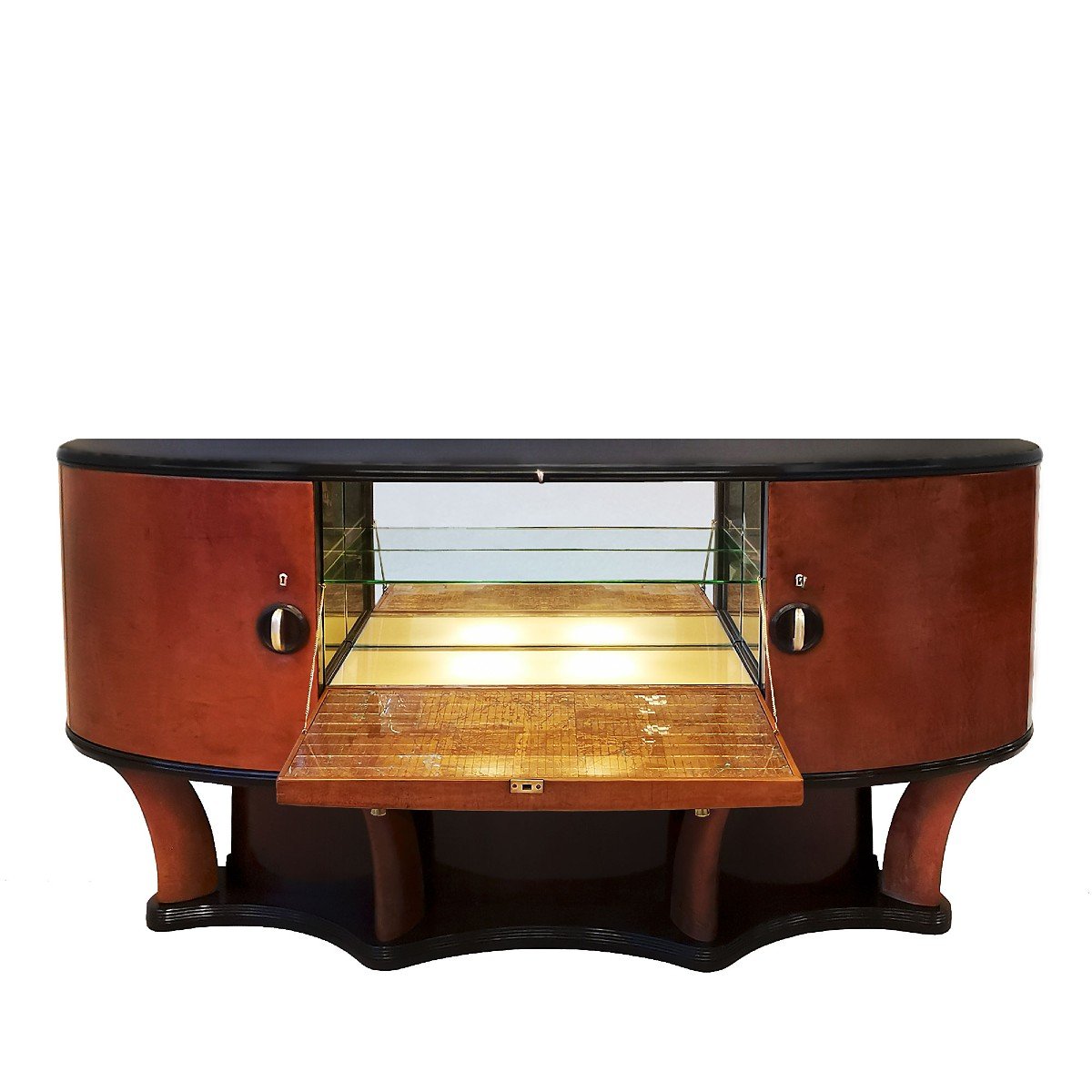 Solid Wood Bar Cabinet Covered With Thick Leather - Italy 1940-photo-3